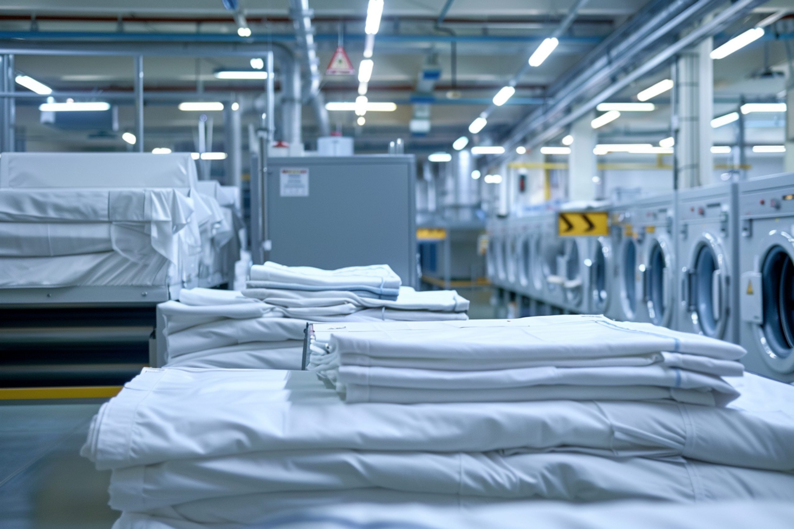 arafed-laundry-machines-factory-with-white-shirts-stacked-floor-generative-ai
